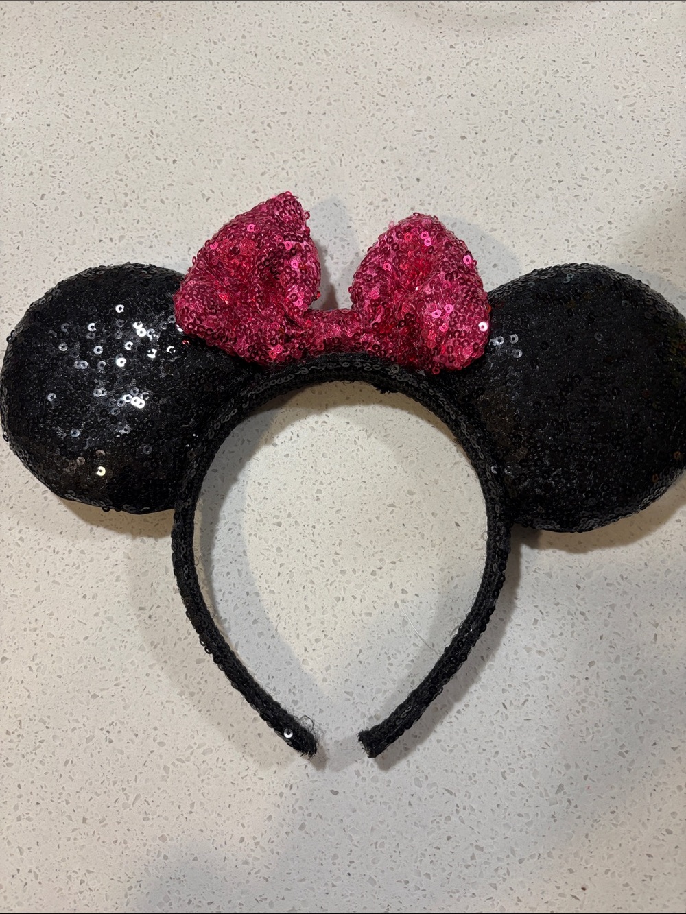 Disney Black Sequin Mouse Ears Headband with Hot Pink Bow